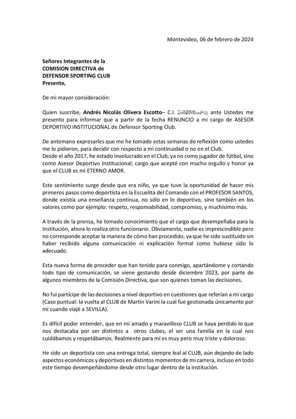 Carta de renuncia de Nicolás Olivera a Defensor Sporting