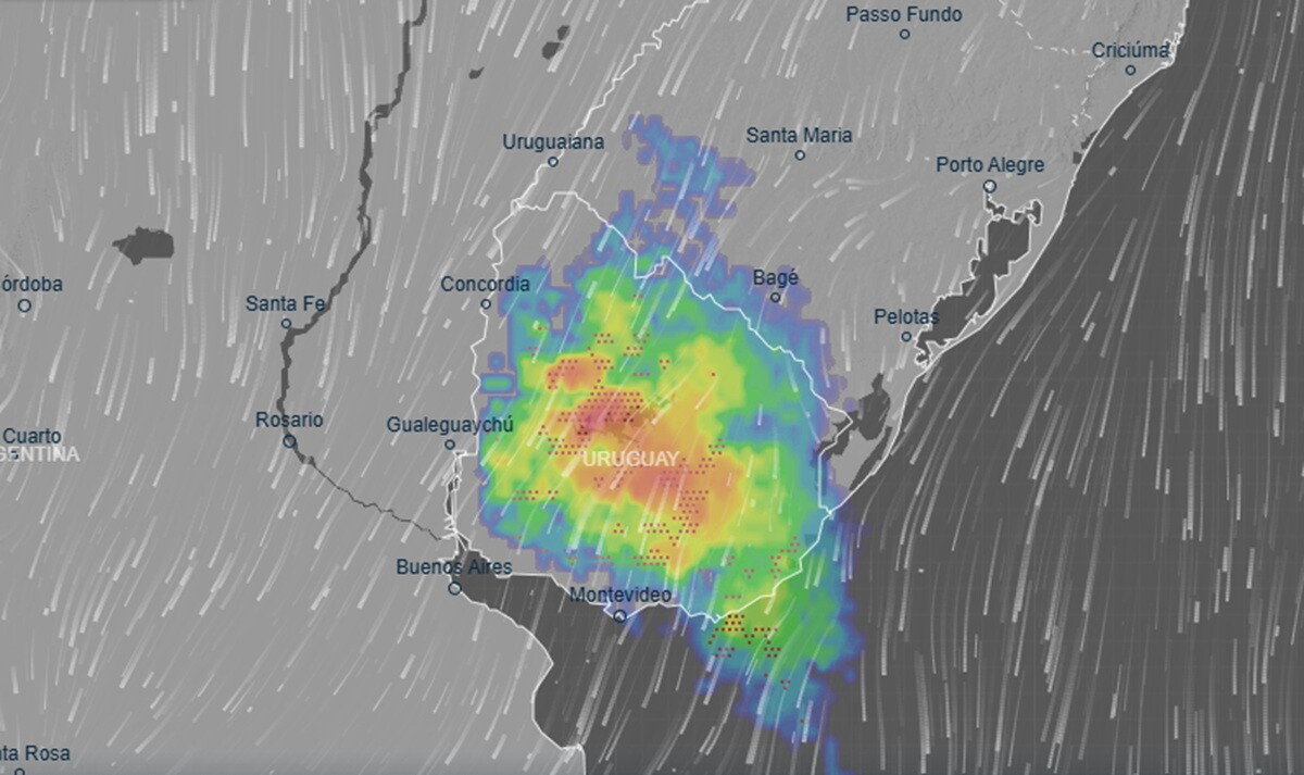 Mapa de precipitaciones previstas para la mañana del jueves 16 de julio de 2026 en Uruguay, según Ventusky.