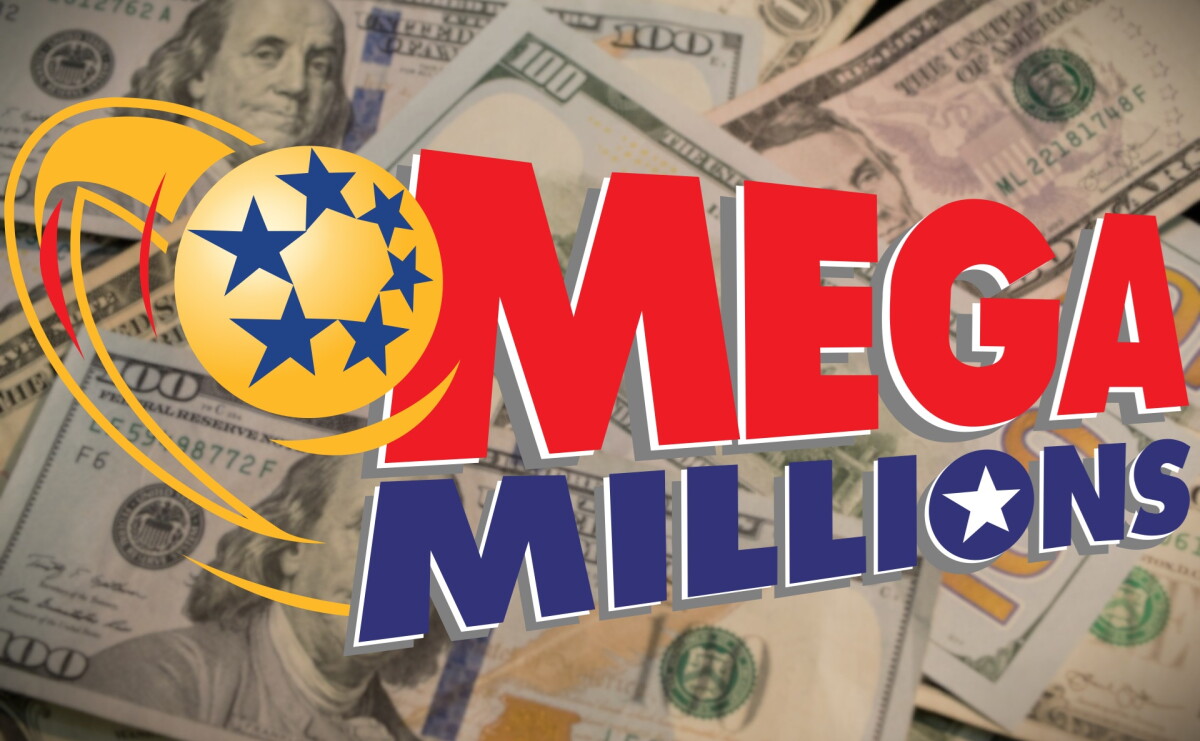 Logo del sorteo estadounidense Mega Millions con billetes de dólares de fondo.