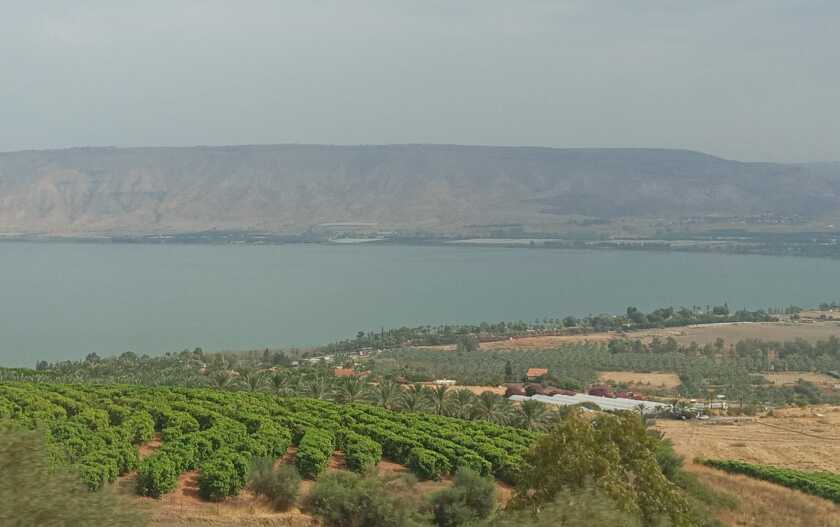 Israel. Cultivos de frutales y horticultura, con el Mar de Galilea al fondo