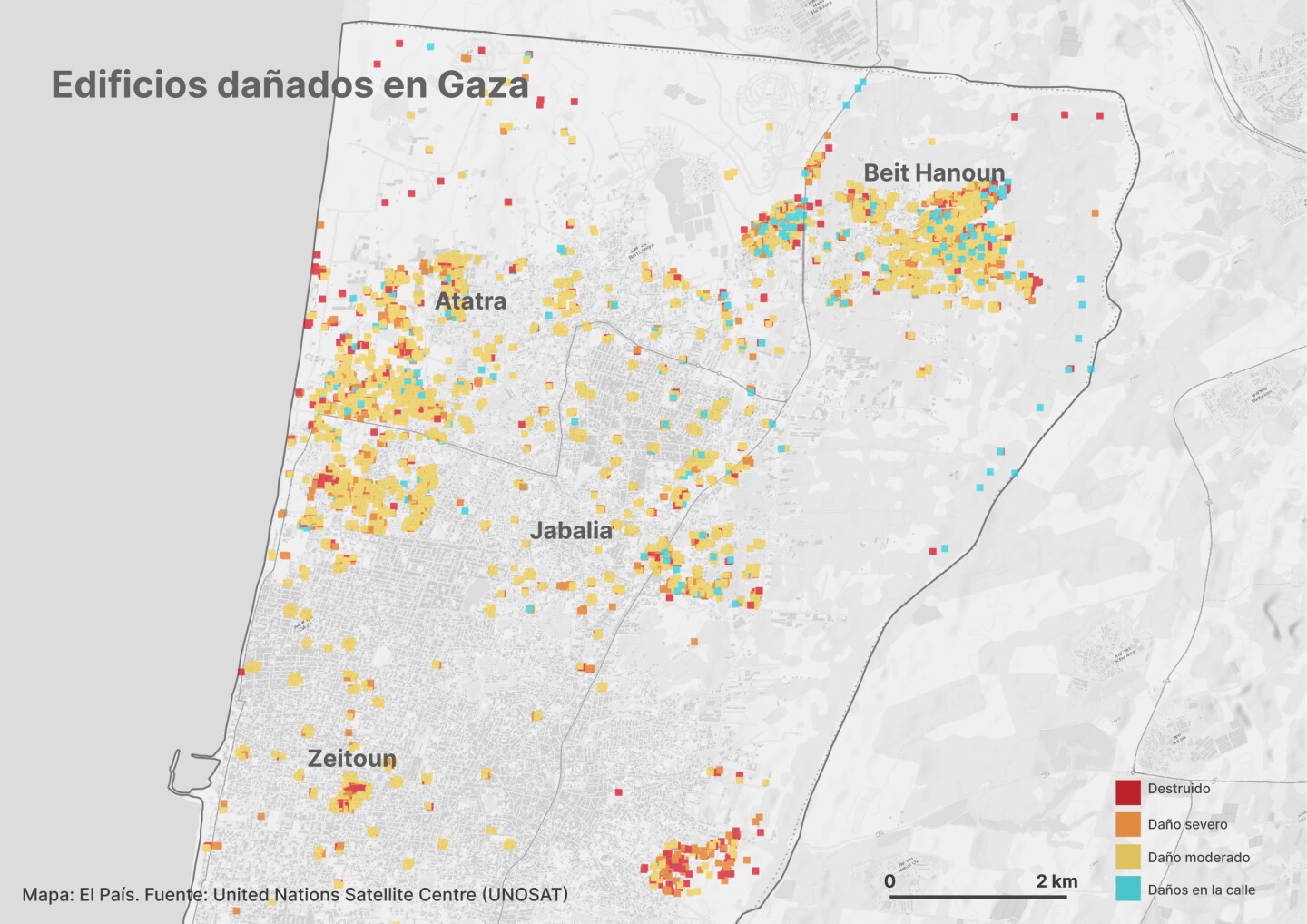 Análisis en base a imágenes satelitales. Mapa: El País. Fuente: United Nations Satellite Centre (UNOSAT)