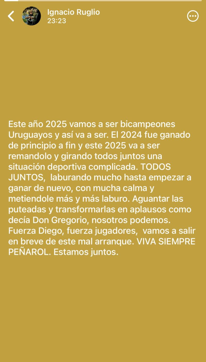 El mensaje de Ignacio Ruglio tras la derrota de Peñarol ante Plaza Colonia.