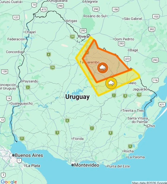 Alertas amarilla y naranja de Inumet por tormentas fuertes y puntualmente severas.