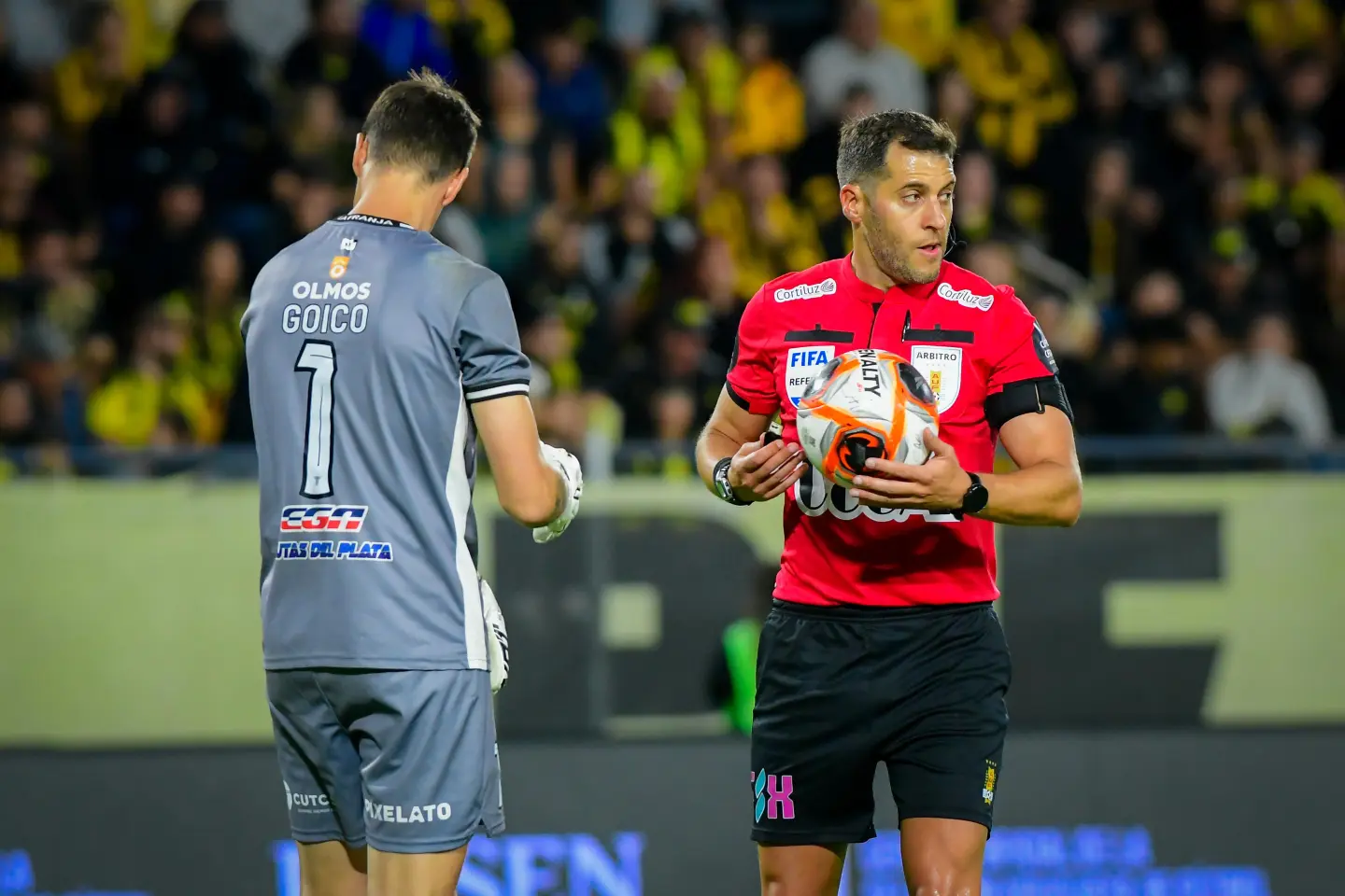 El árbitro Gustavo Tejera y Mauro Goicoechea, arquero de Danubio.