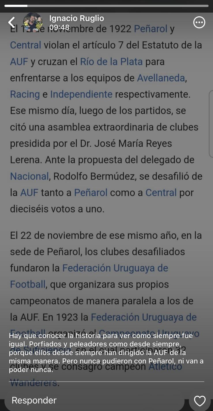Estado de WhatsApp de Ignacio Ruglio ante una posible sanción a Peñarol.