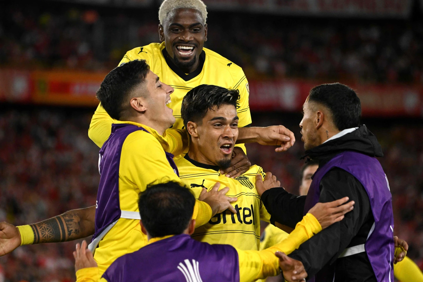 El festejo de Peñarol, tras el gol de Matías Arezo ante Santa Fe