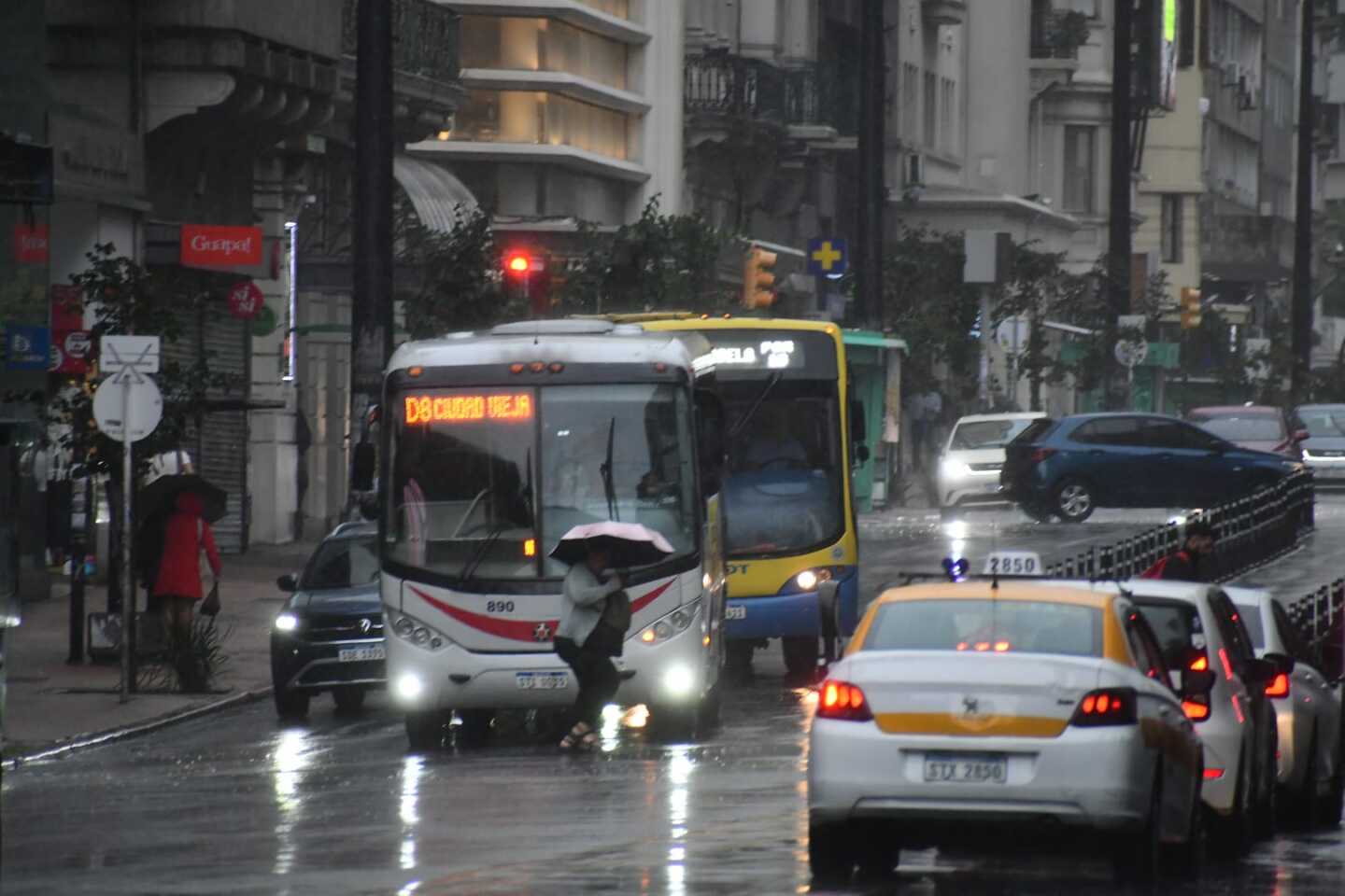Una mujer cruza 18 de Julio con paraguas un día de lluvia.