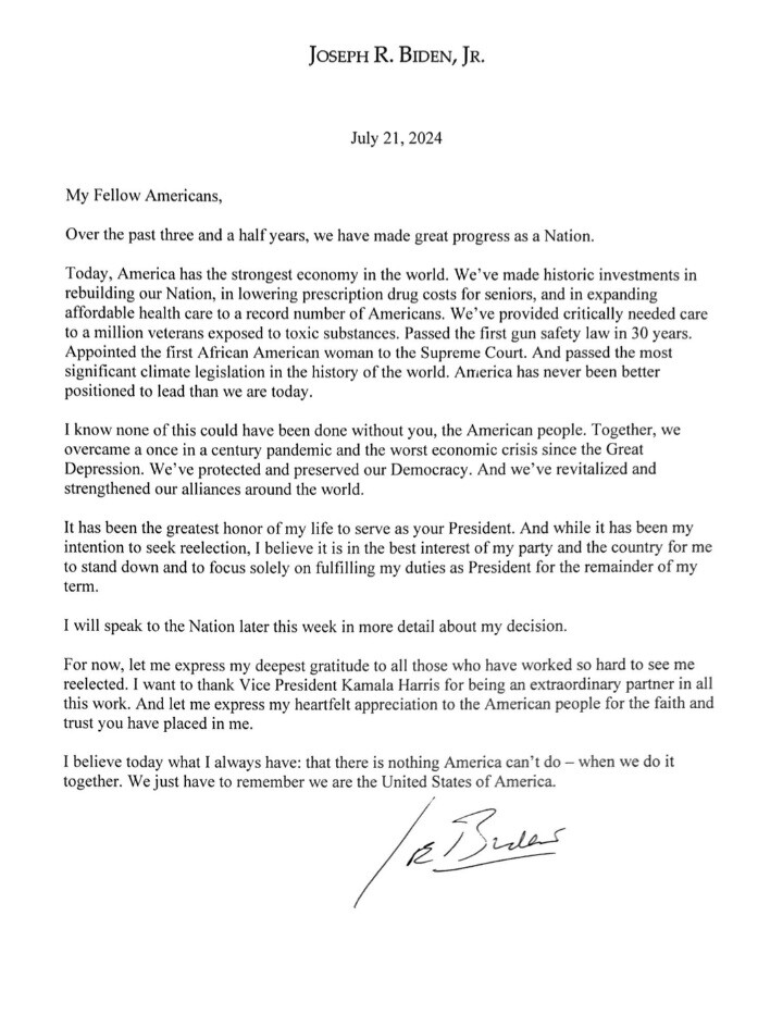 Carta de Joe Biden abandonando su candidatura a la reelección.