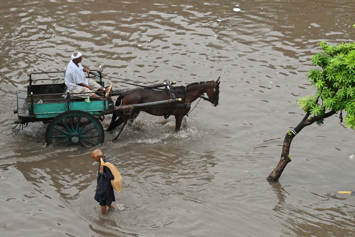 Un hombre conduce un carro tirado por caballos por una calle comercial inundada tras las fuertes lluvias en Lahore el 23 de julio de 2025.