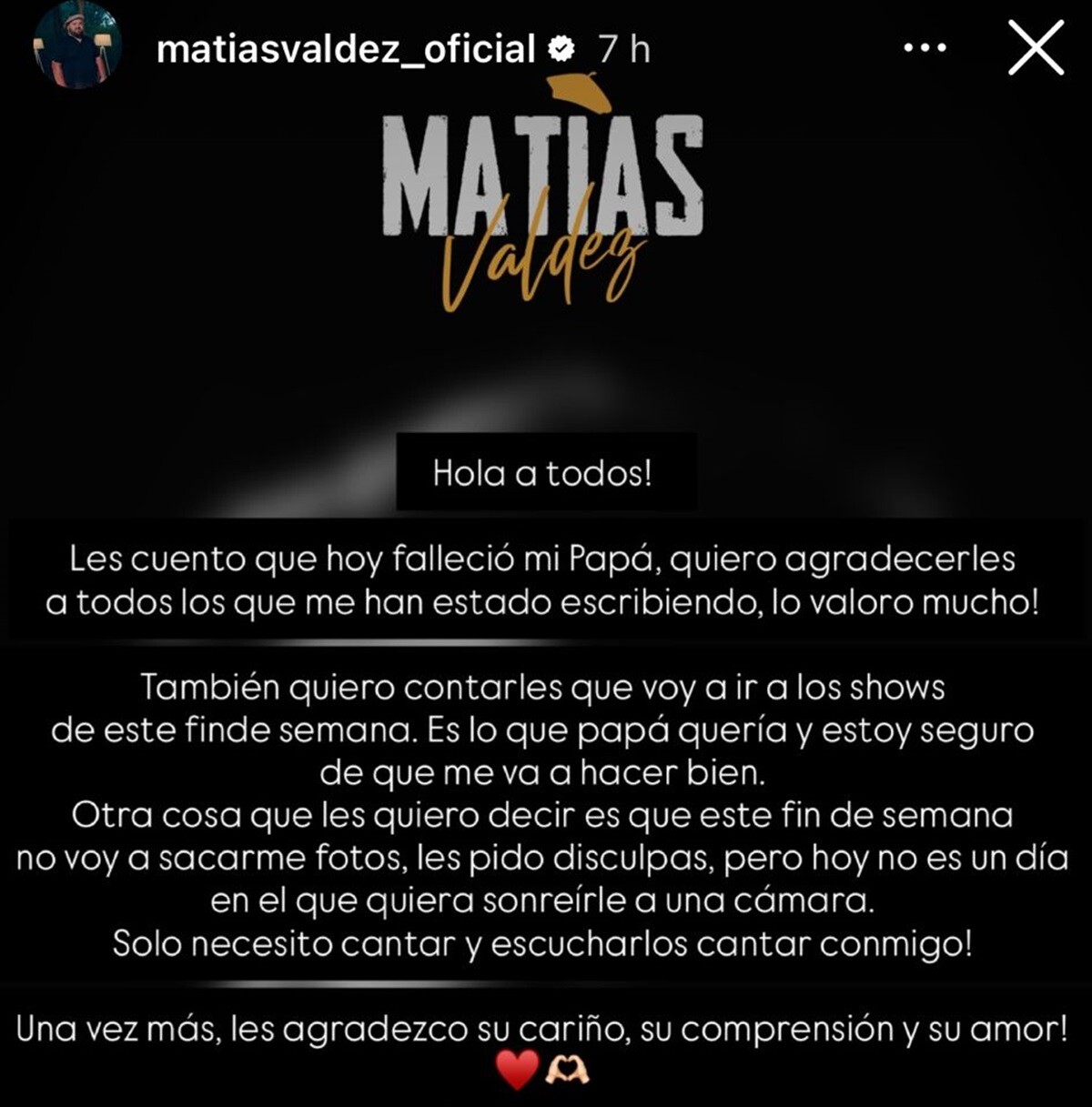 El comunicado de Matías Valdez para anunciar el fallecimiento de su padre.