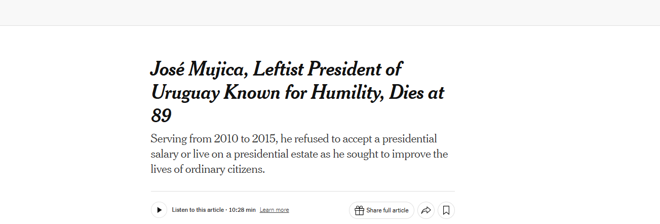New York Times sobre la muerte de Mujica.