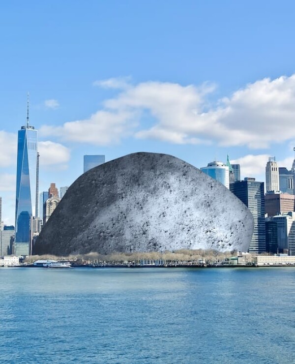 Representación a escala del asteroide Apofis en la isla de Manhattan
