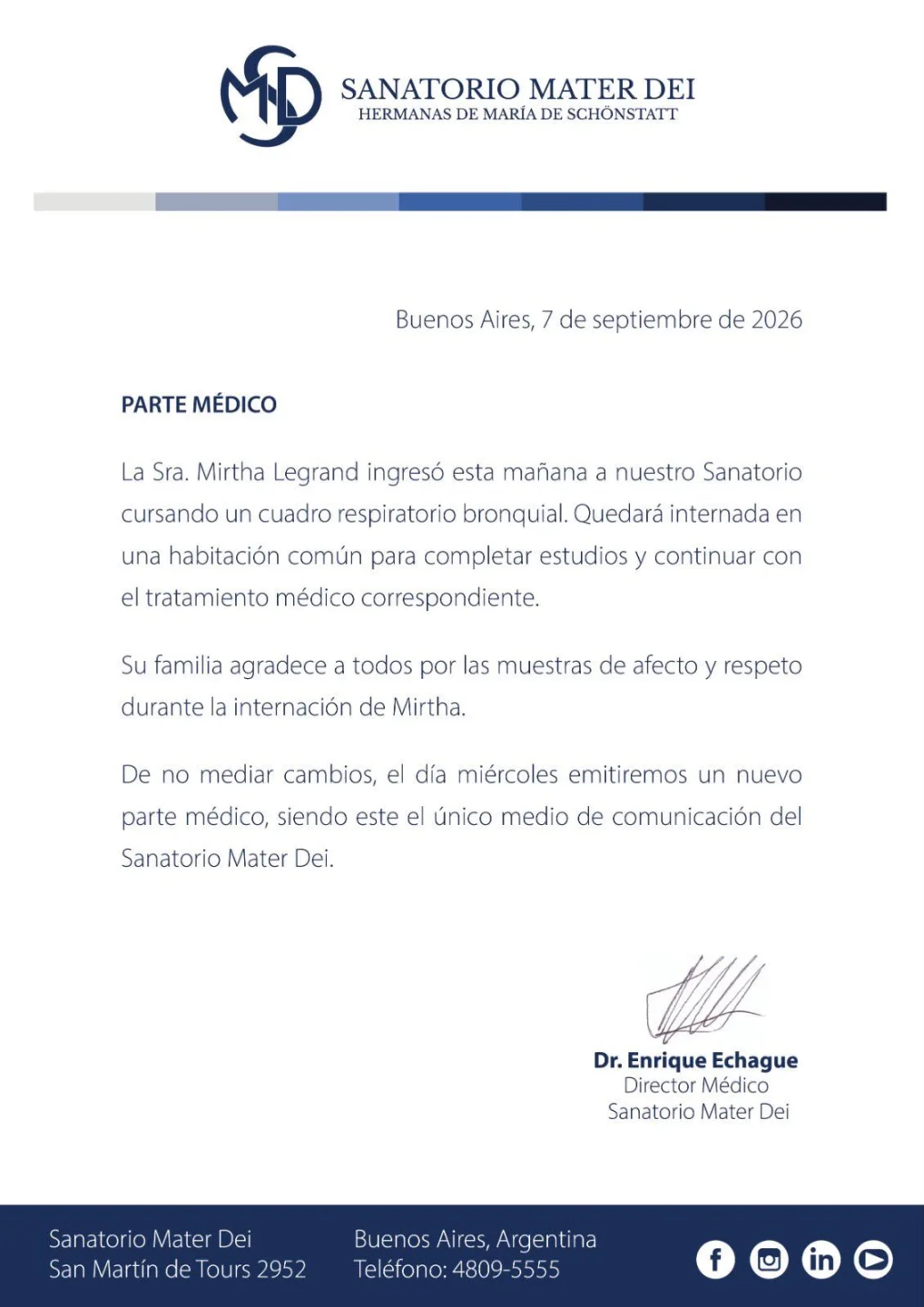 Parte médico de Mirtha Legrand.