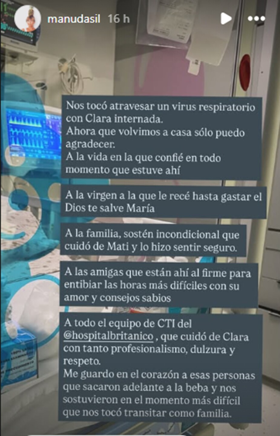 El posteo de Manuela Da Silveira tras el paso de su hija Clara por el CTI.