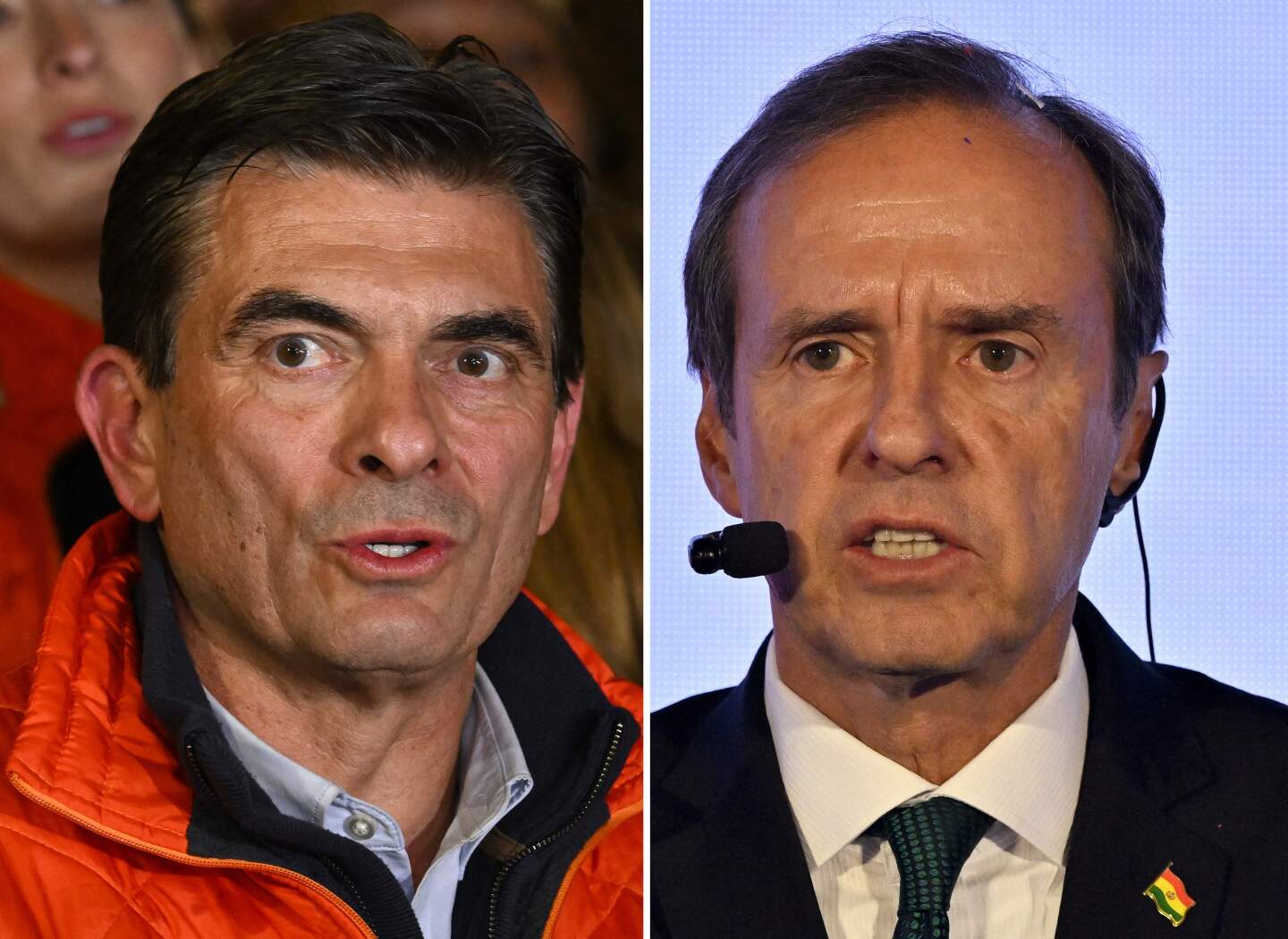 Rodrigo Paz (izq.), candidato presidencial de Bolivia por el Partido Demócrata Cristiano (PDC), habla con sus partidarios tras los resultados de las elecciones presidenciales en La Paz, Bolivia, el 17 de agosto de 2025, y Jorge