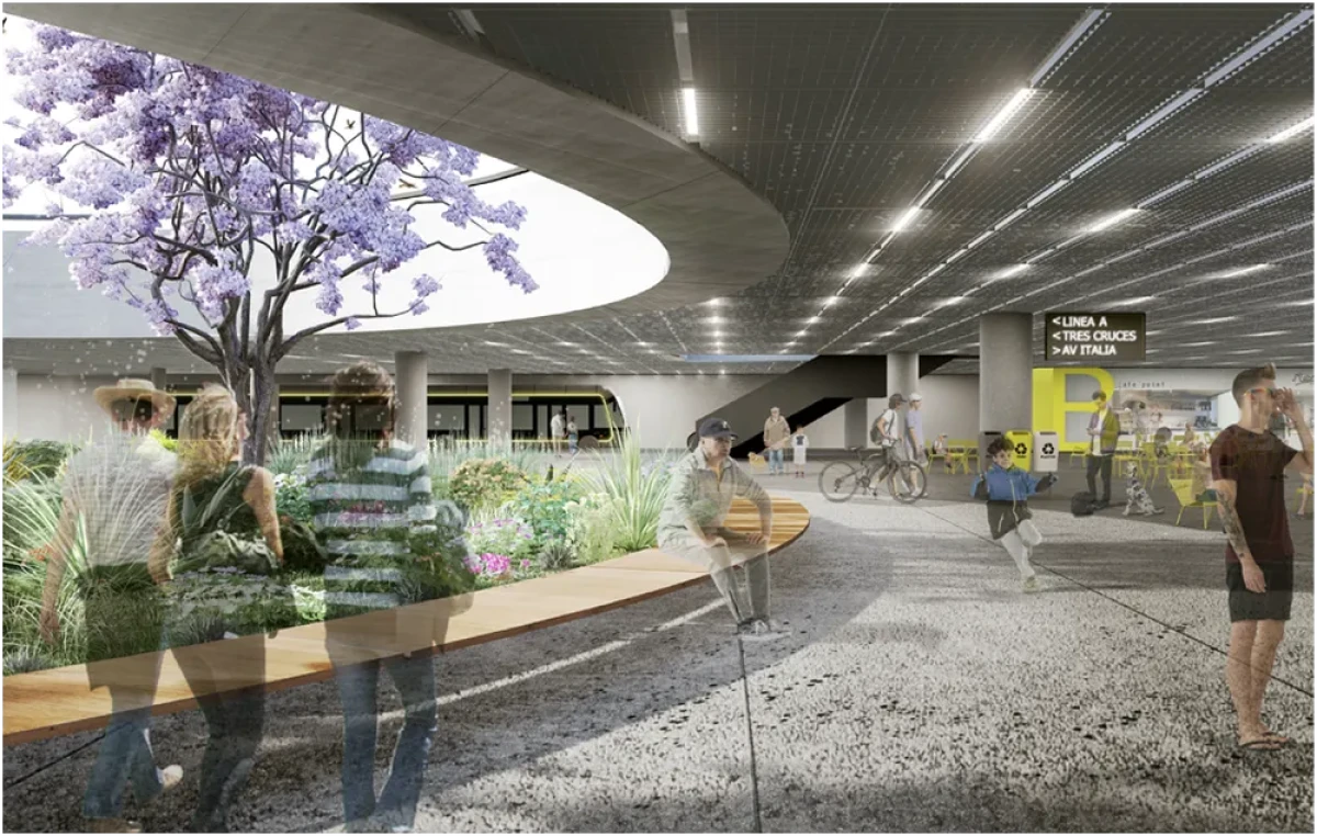 Estación de Tres Cruces proyectada en la reforma del transporte metropolitano, según aparece en un documento del BID