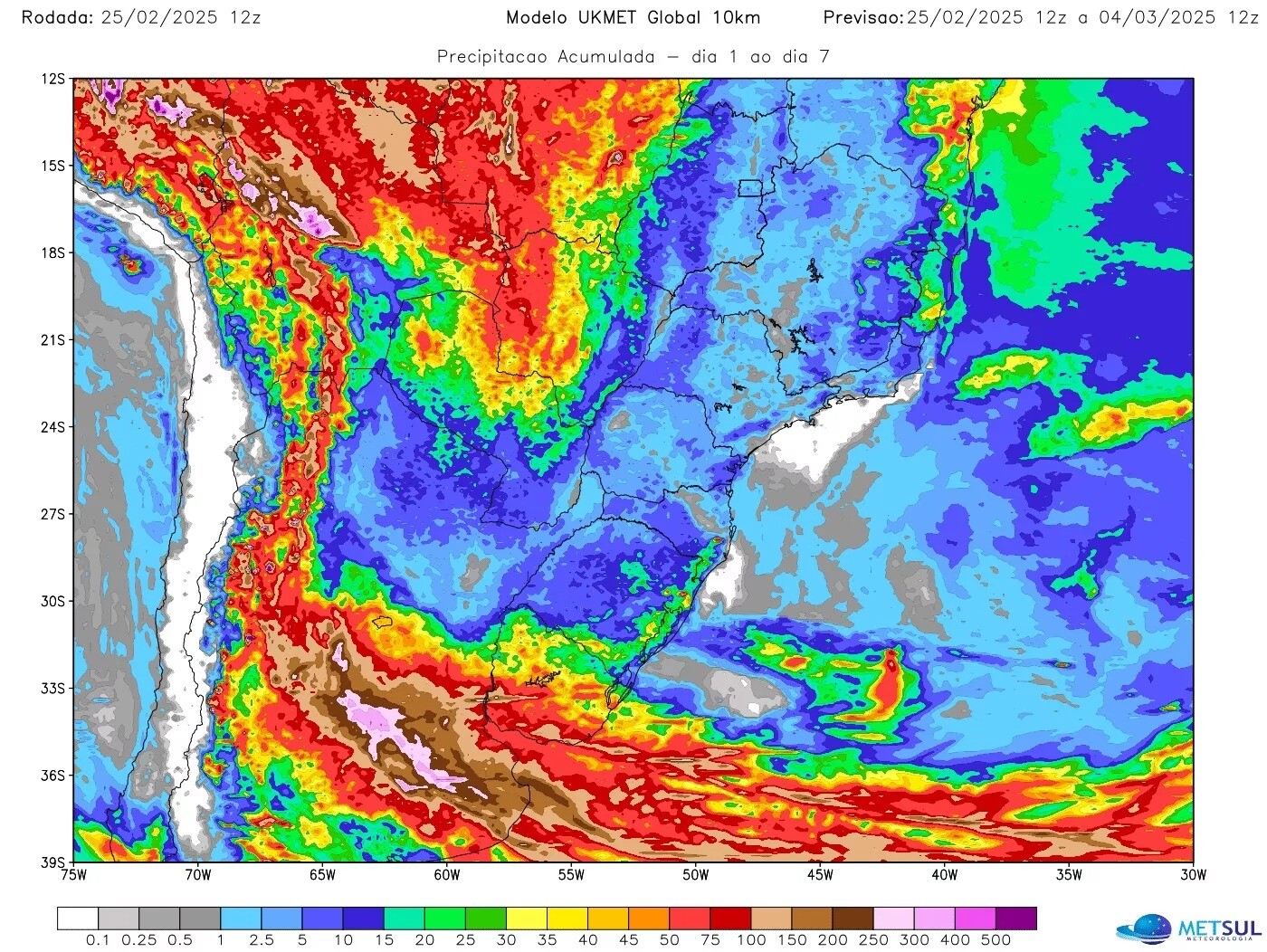 Imagen divulgada por Metsul que muestra el pronóstico de lluvias según el modelo UKMET.