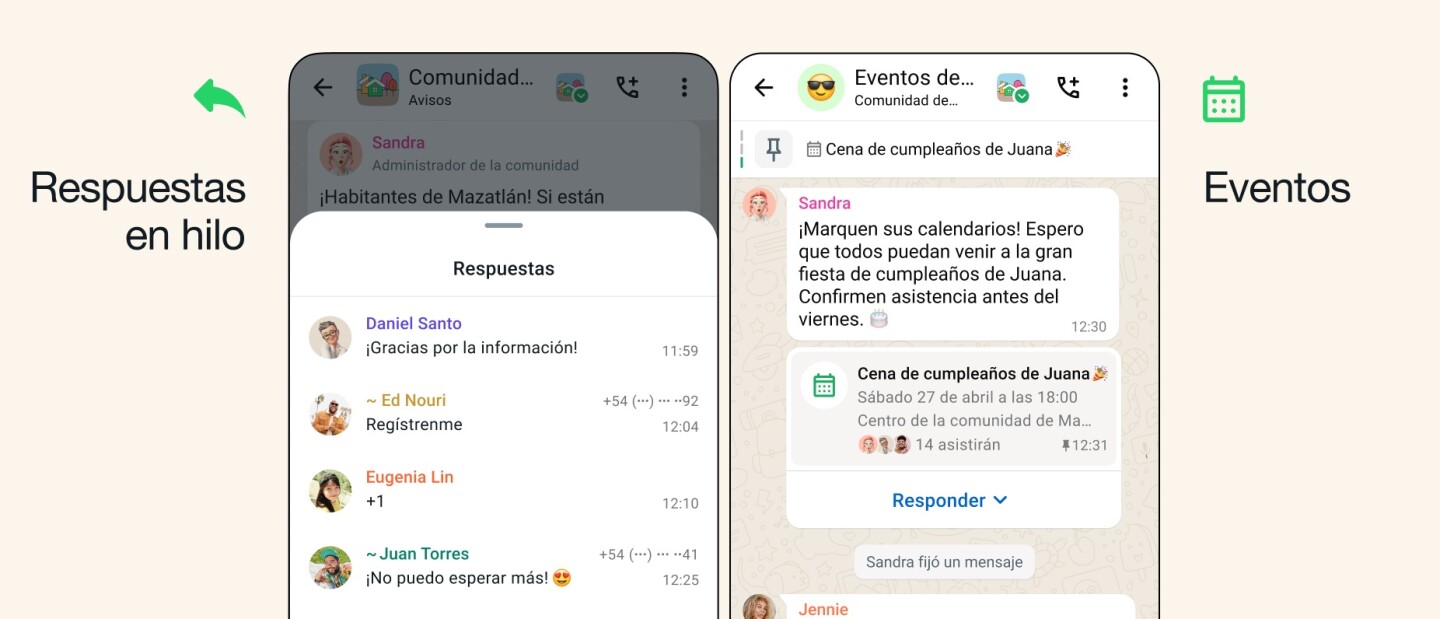 Anuncio de respuestas en hilo y eventos de WhatsApp.