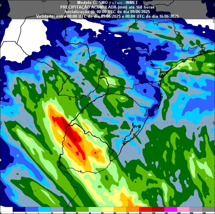 Mapa de lluvias previsto por el modelo Cosmo para el fin de semana.