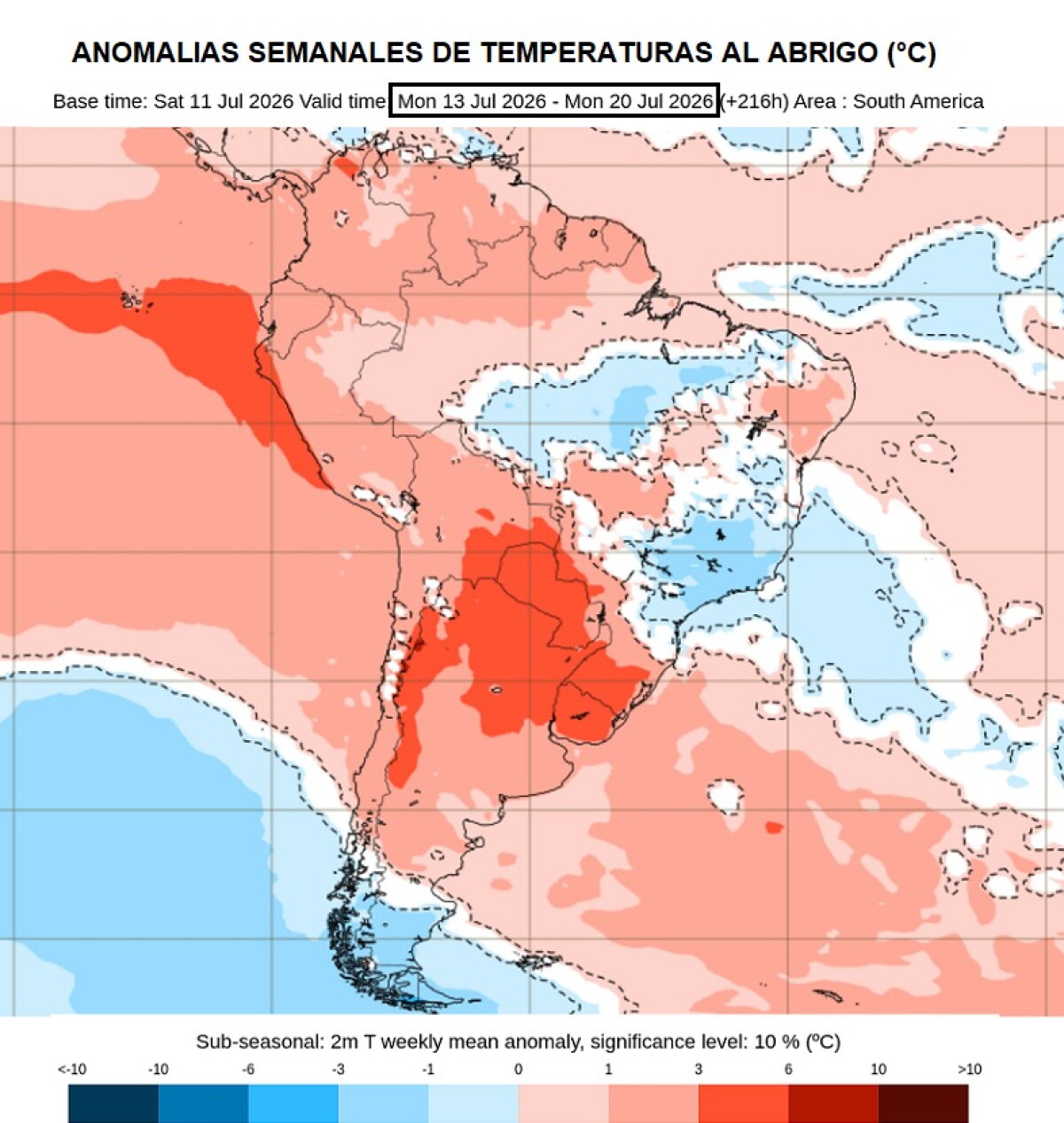 Anomalías de temperatura previstas para la semana del 13 al 20 de julio en Sudamérica, según el modelo ECMWF.