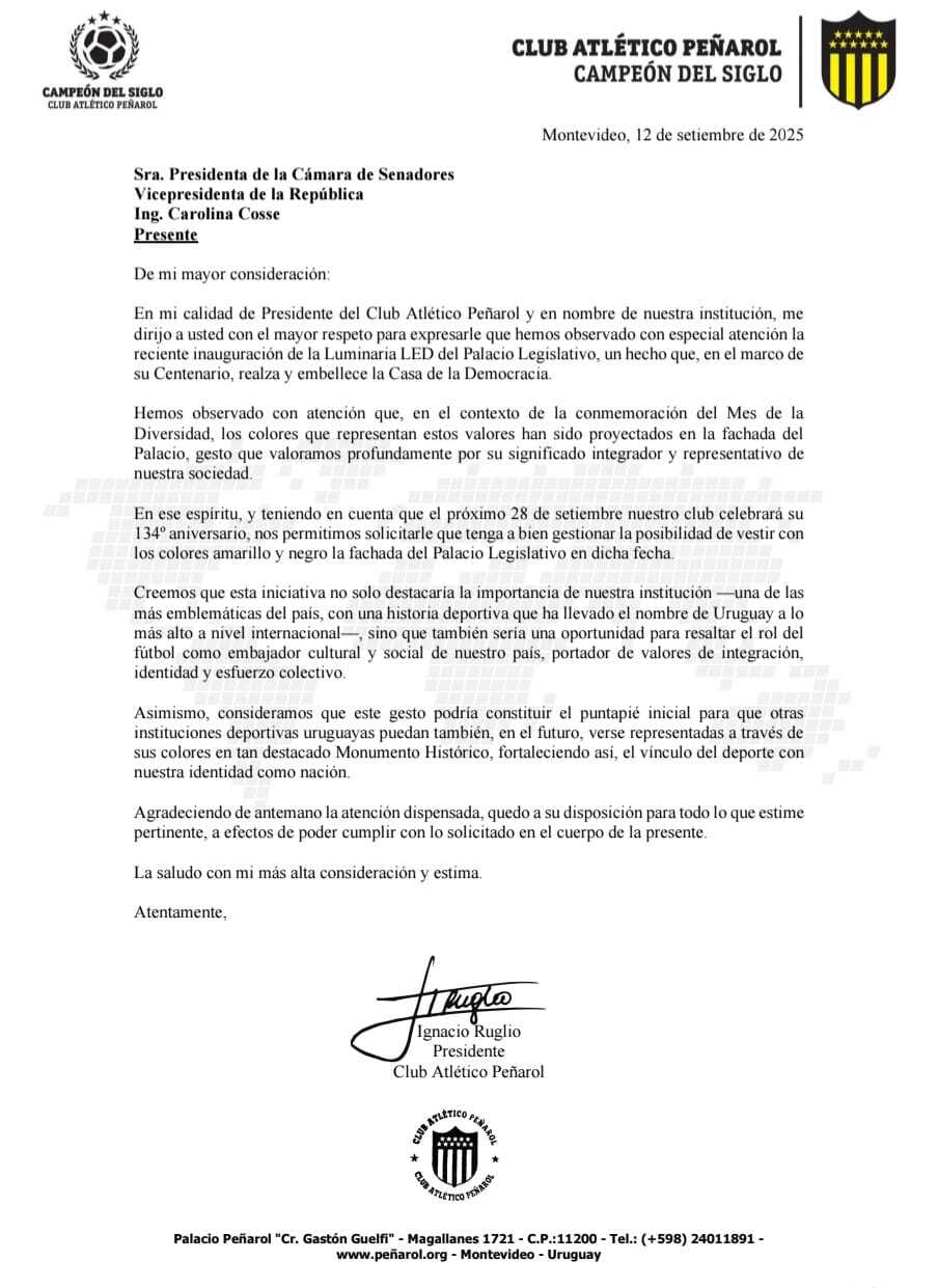 La carta de Peñarol, firmada por Ignacio Ruglio, a la vicepresidenta Carolina Cosse.