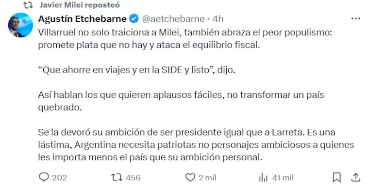 Uno de los posteos contra Villarruel que compartió Milei..jpg