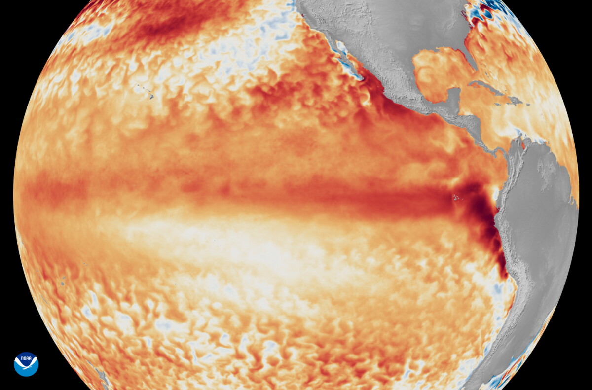 El Niño: Imágenes satelitales que muestran la diferencia entre la temperatura promedio de la superficie del mar en el ecuador del Océano Pacífico tropical