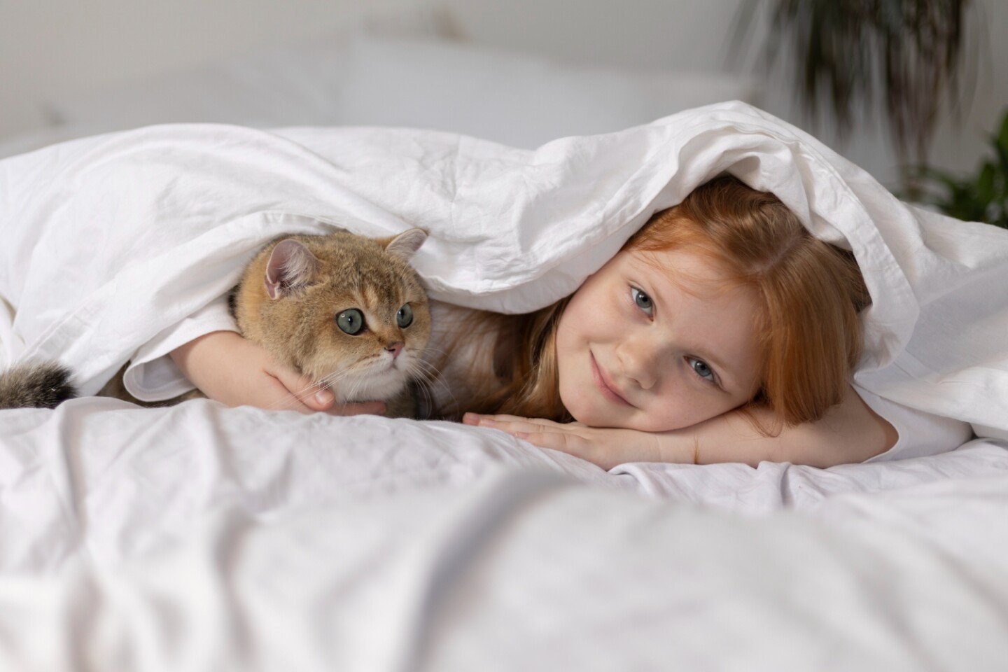 Niña en la cama con su gato