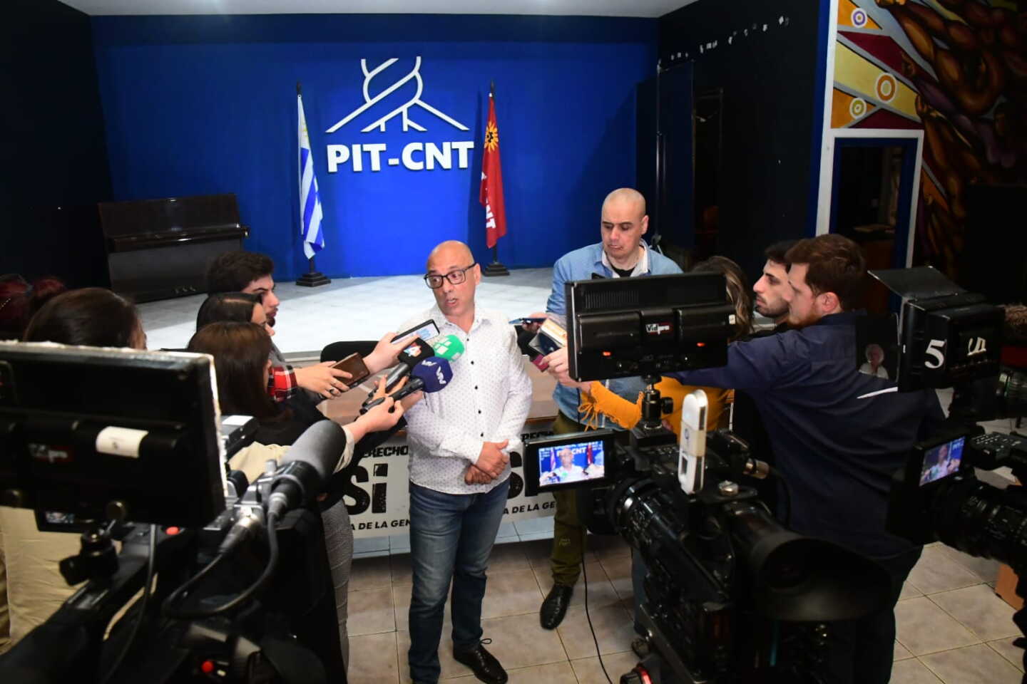 Rueda de prensa del Pit-Cnt este martes, en la sede de la calle Jackson.
