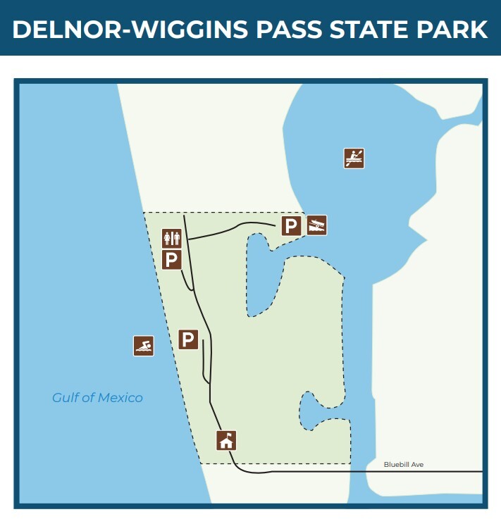 Mapa oficial del Parque Estatal Delnor-Wiggins Pass, en Naples, Florida.